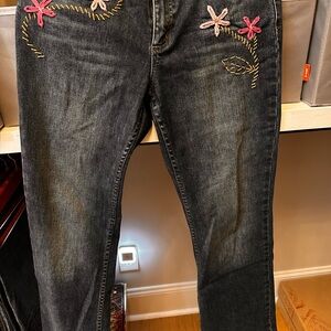 J. Jill Black Straight Leg Jeans with Floral Embroidery